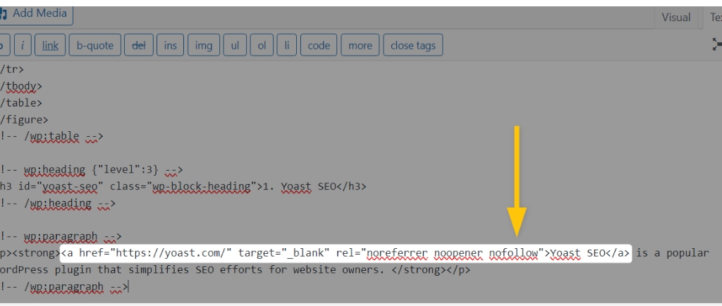 Nofollow attribute in WordPress editor example